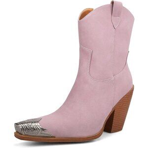 Women's Purple Engraved Steel Toe Cowgirl Boots Stacked Block Heels Short Boots